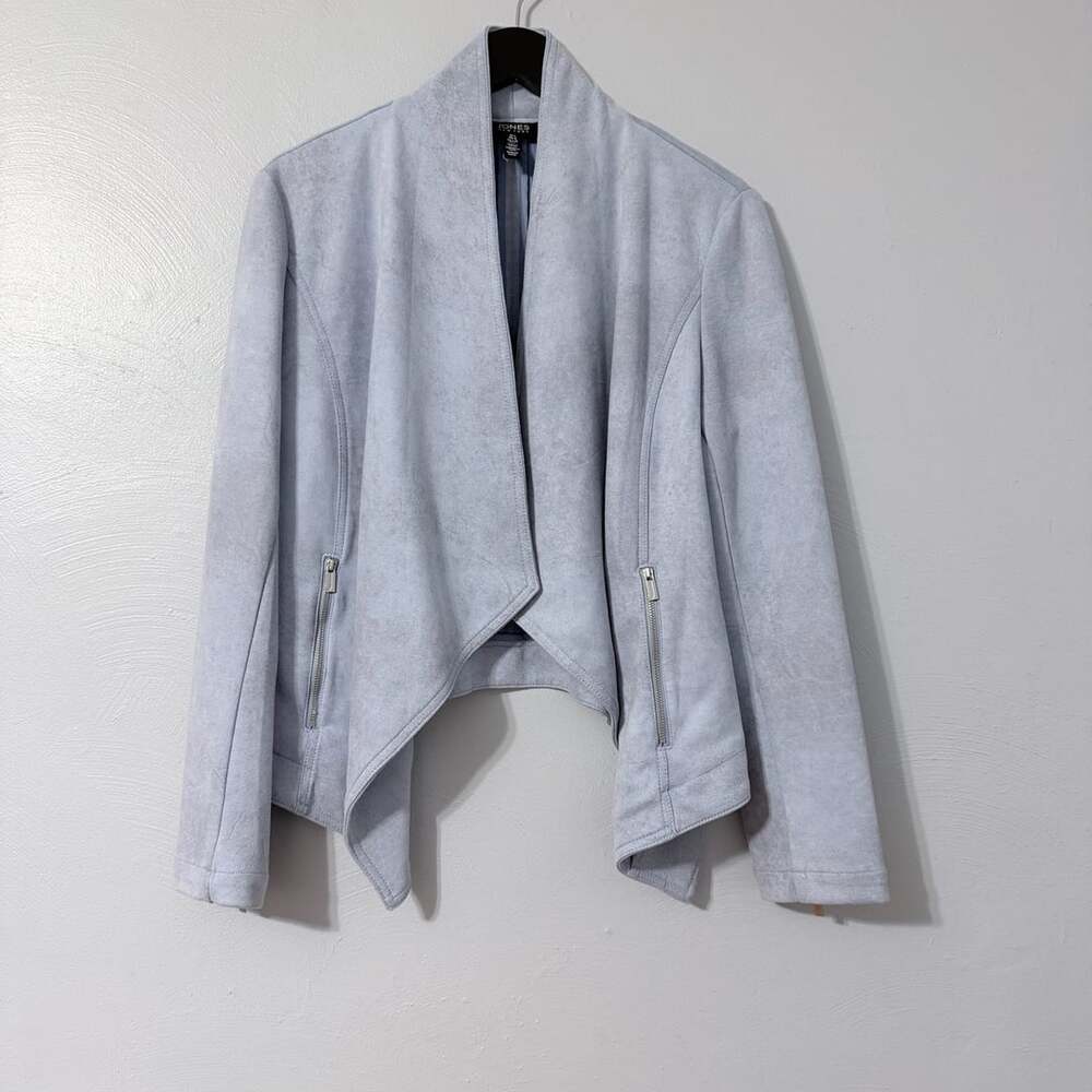 Jones New York Light Blue Faux Suede Drape Open Front Jacket Moto Zipper Size L